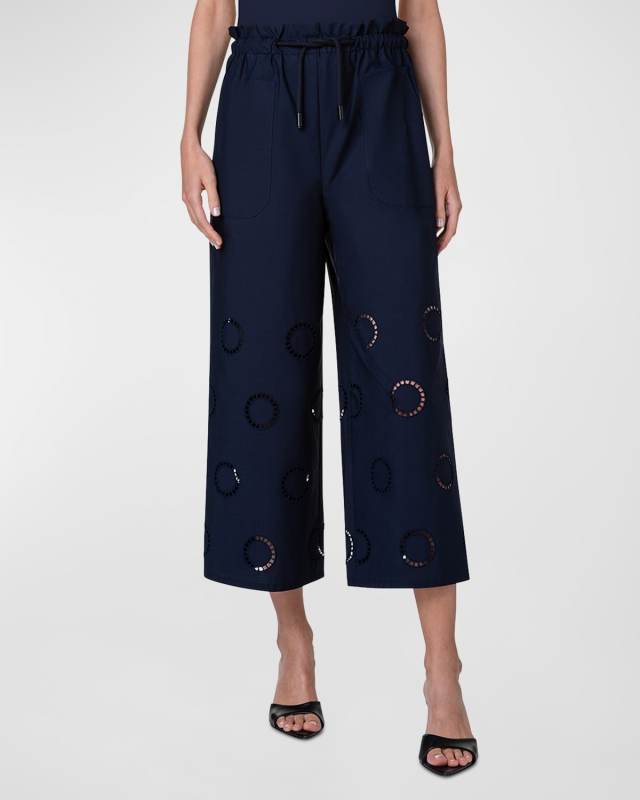 Frey Cotton Drawstring Pants with Circle Eyelet Embroidery
